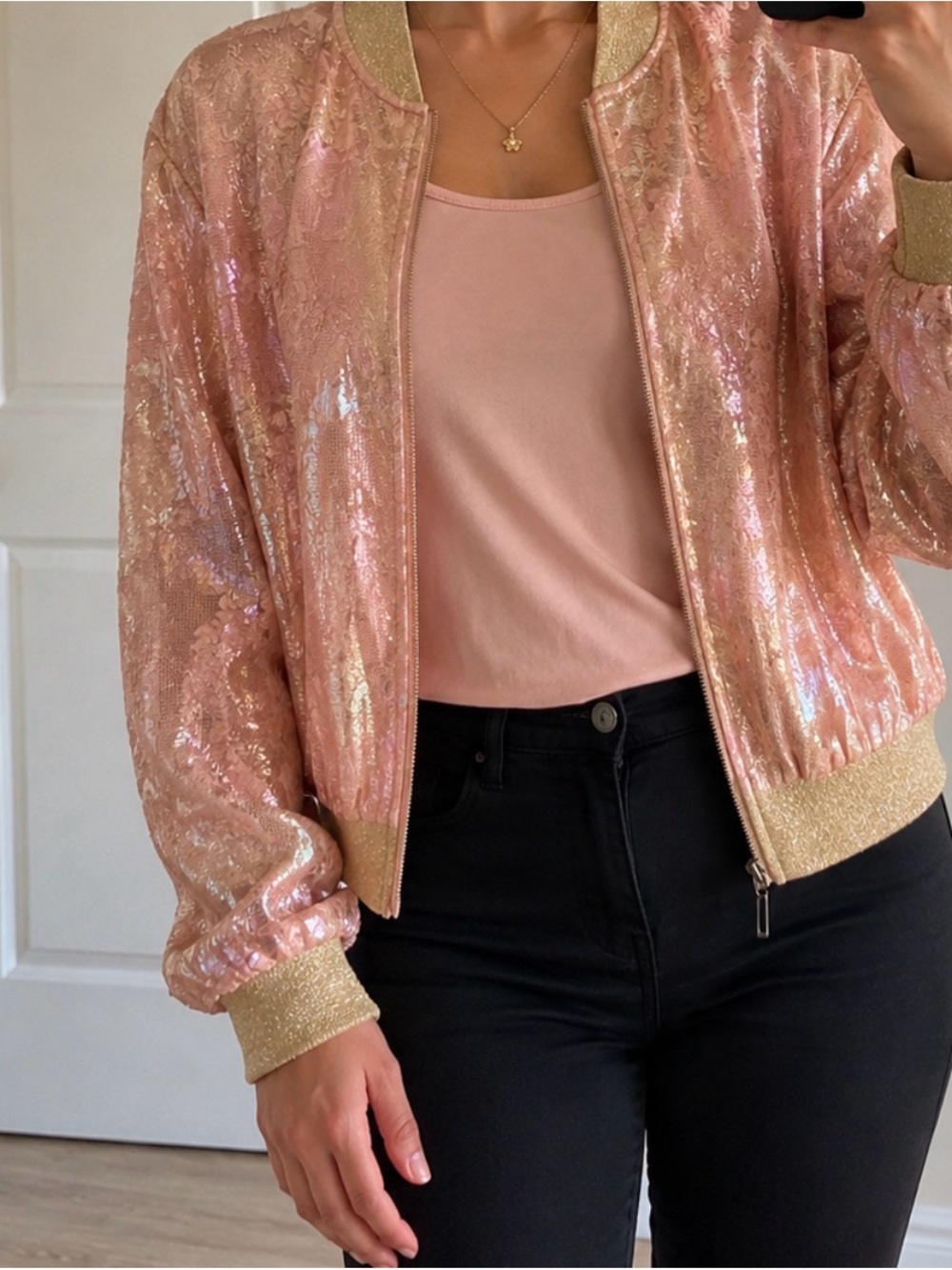Pink Sequin Bomber Jacket with Gold Trim